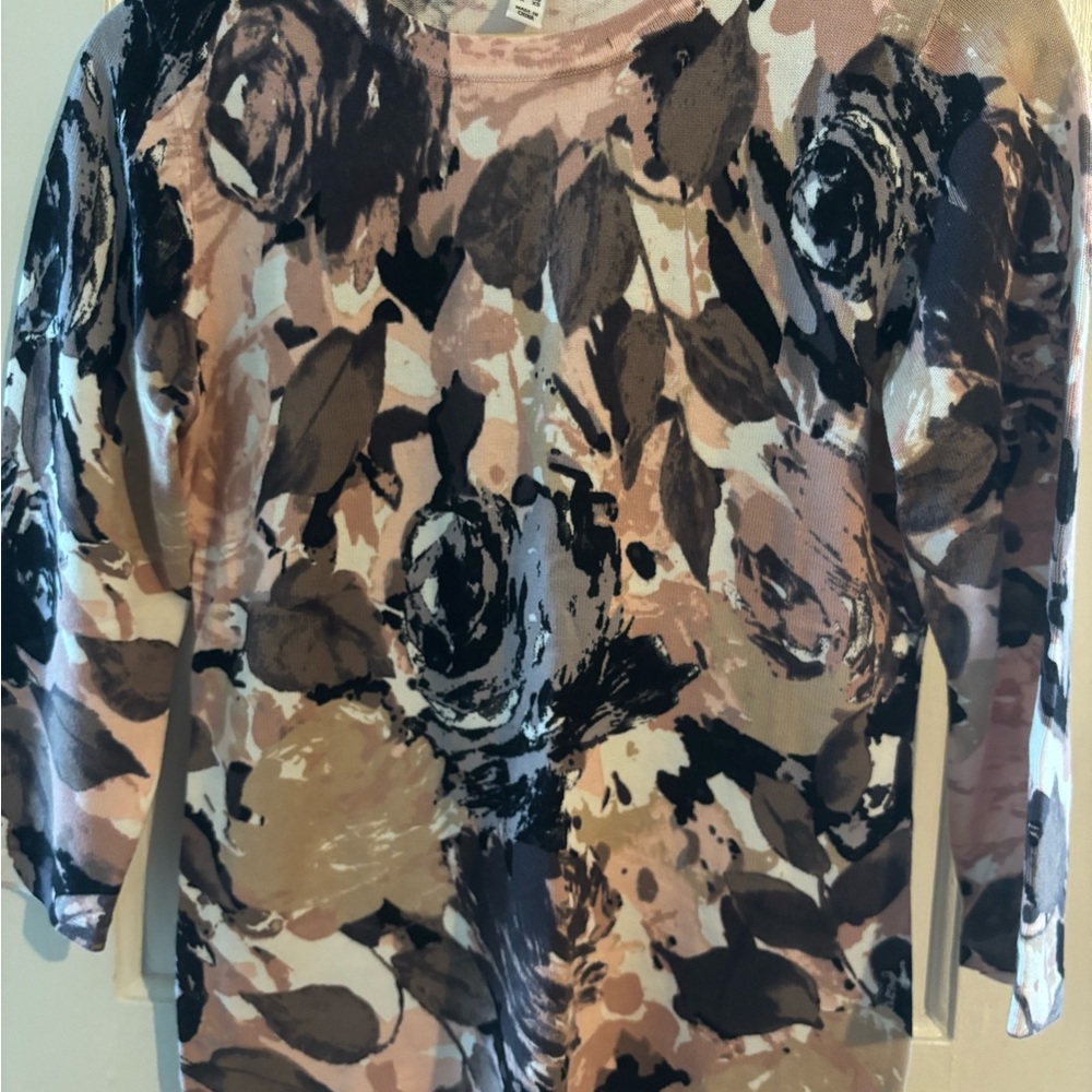 Isaac Mizrahi Abstract Floral Blouse in Black, Brown, and Cream